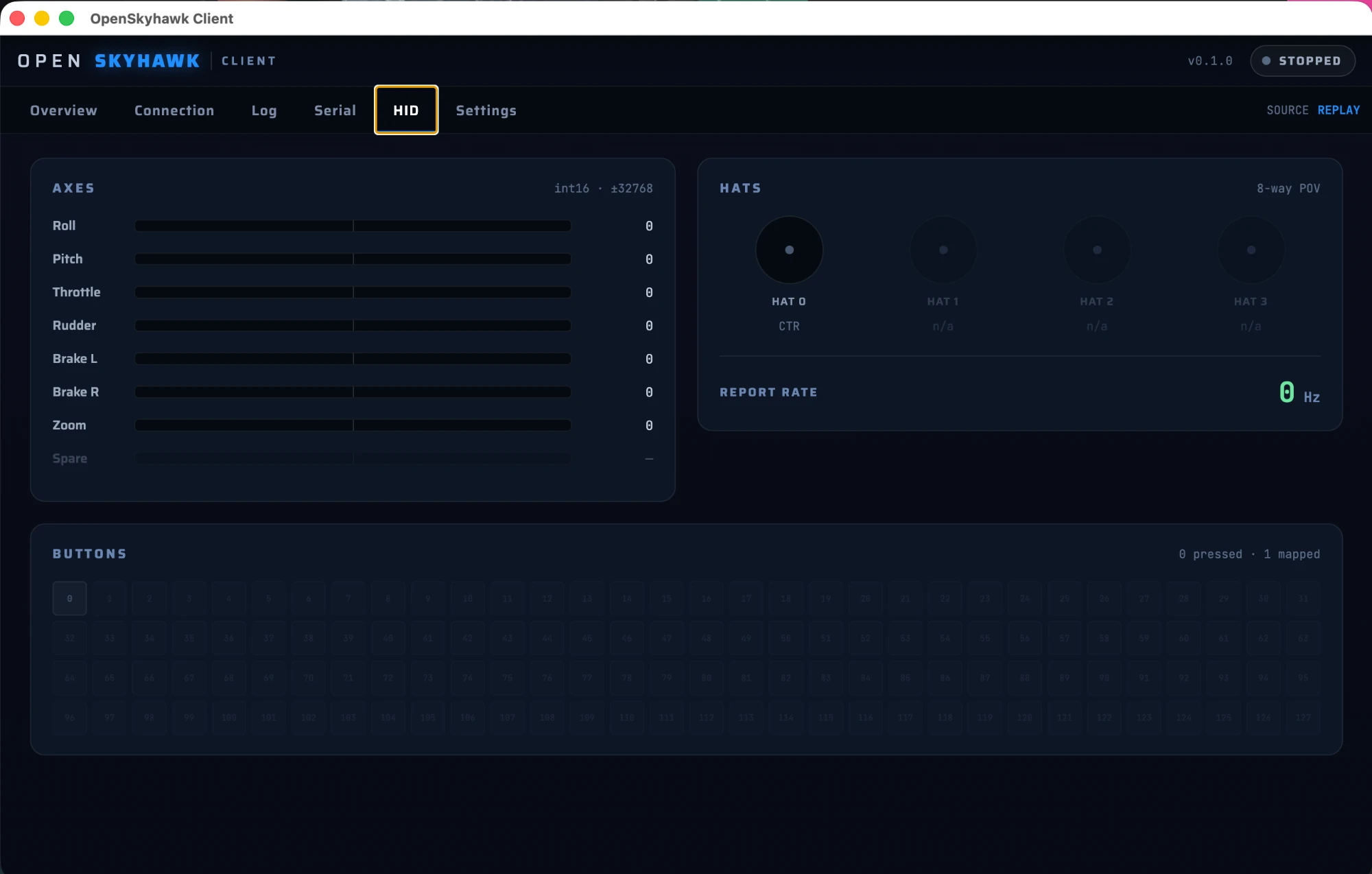 HID tab showing axes, hats, and button grid