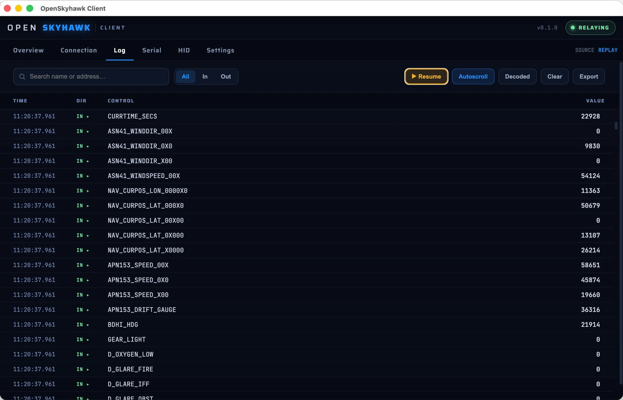 Log tab showing decoded DCS-BIOS control names and values