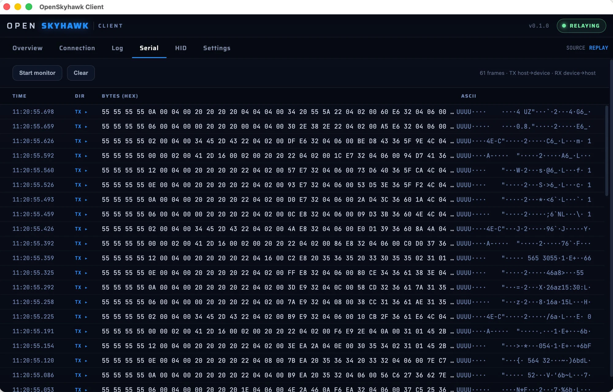 Serial tab showing raw DCS-BIOS frames as hex and ASCII